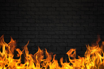 Black brick wall with fire flame for background