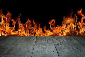 Old wood floor with flame on black background.