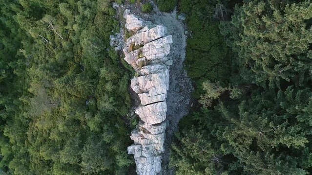 Fly around massive rock gate in the forest