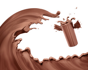 Chocolate wave or flow splash  in glass, pouring hot melted milk chocolate sauce or syrup, cocoa drink or cream, .abstract dessert background, isolated, 3d rendering