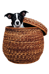 Happy Rat terrier puppy dog is playing in a basket, taken on a white background