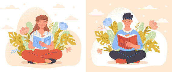Self education and knowledge improvement concept. Set of smiling men and women sitting in flowers and reading interesting books. Study of literature or science. Cartoon flat vector collection