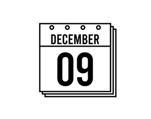 December 9 calendar. December month calendar black and white icon. Simple 3D vector.