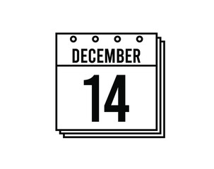 December 14 calendar. December month calendar black and white icon. Simple 3D vector.