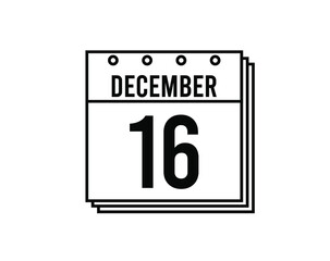 December 16 calendar. December month calendar black and white icon. Simple 3D vector.