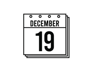 December 19 calendar. December month calendar black and white icon. Simple 3D vector.