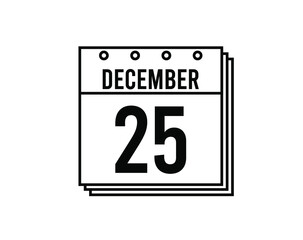 December 25 calendar. December month calendar black and white icon. Simple 3D vector.