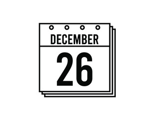 December 26 calendar. December month calendar black and white icon. Simple 3D vector.