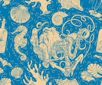 Vector abstract seamless pattern on the marine theme, adventure, the depths of the seas. Vintage repeat background with hand drawn octopuses, anchors, seashells, waterweeds and seahorses.