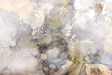 art photography of abstract fluid art painting with alcohol ink, gray, white and gold colors