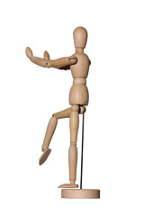 wooden mannequin on stand shows dance pa, isolated on white background