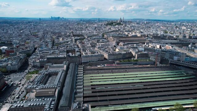 gare de l'est france. Gare du Nord and Saint-Vincent de Paul Catholic Church Transit station In Paris, France. aerial Drone View 4k videos.