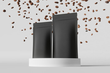 Black coffee bag mockup falling beans matte podium white background 3D render.Merchandise advertising packaging minimal design Blank pouch sachet pack product template Cafe sale delivery demonstration
