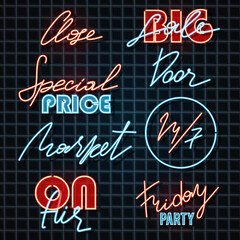 Collection of neon signs for store, market, sales.