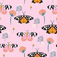 Seamless pattern with moths, flowers, and butterfly. Floral background for fabric, wrapping, textile, wallpaper, apparel. Vector illustration.
