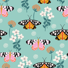 Seamless pattern with moths, flowers, and butterfly. Floral background for fabric, wrapping, textile, wallpaper, apparel. Vector illustration. - 517900492