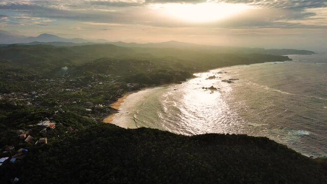 Mazunte Golden Ocean Sunrise Jungle Aerial Drone Fly Above Mexican Surfing Beach