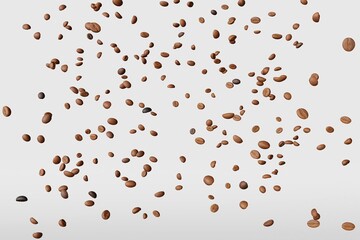 Falling coffee beans white background isolated shadows 3D rendering. Flying floating arabica grains espresso latte cappuccino hot drinks sale. Coffee roasters shop product delivery advertising promo.