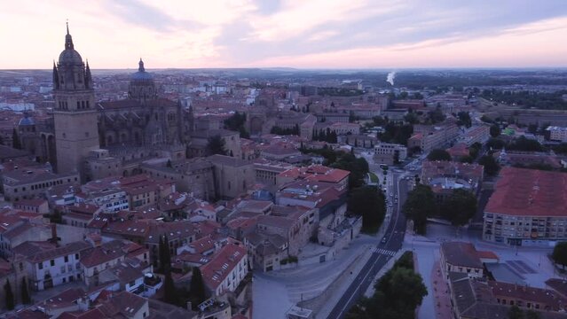 Cinematic wide aerial establishing shot of the city of Salamanca in Spain