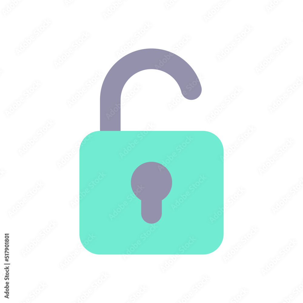 Poster unlocked padlock flat color ui icon. security setting. folder access control. open lock. cybersecuri