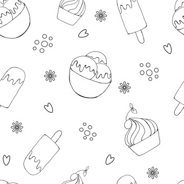 pattern of icecream on white background. Vector illustration by hand draw. Summer greeting card, banner, picture for notebook, background.