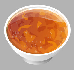 a set of sauces in neat white saucers. realistic stylized white saucers are filled with colorful appetizing sauces