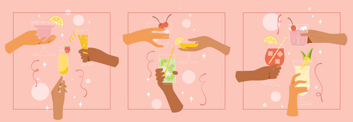 Hand holding cocktail cheers and drinking toast. Set of glasses with alcohol. Company of people celebrating in summer with cold drinks. Concept of spending weekend outdoors. Vector flat design.