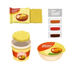 Instant noodle cup with season powder and sauce symbol set illustration vector