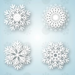 vector illustration for Merry Christmas and Happy New Year greeting card design with white layered paper cut snowflakes on light blue background. Seasonal holidays paper art banner, poster