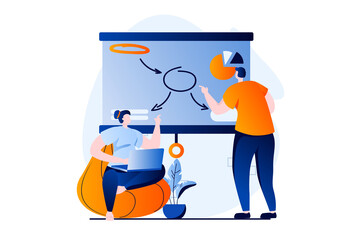 Branding team concept with people scene in flat cartoon design. Woman and man working in creative agency together, discuss and develop development strategy. Vector illustration visual story for web