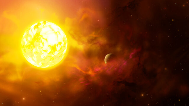 Space Art n°13 Sun and a telluric exoplanet surrounded by solar radiations (Illustration 3D)