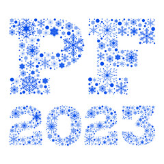 Inscription PF 2023 from blue snowflakes on white background