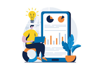 Data analysis concept with people scene in flat cartoon design. Man generates ideas and working with statistics at mobile app, analyzing charts and auditing. Vector illustration visual story for web