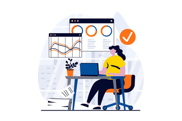 Data analysis concept with people scene in flat cartoon design. Woman working with statistics and charts using laptop, business audit and accounting at office. Vector illustration visual story for web
