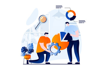 Data science concept with people scene in flat cartoon design. Scientists use charts and graphs for research work, work with databases, optimize and analyze. Vector illustration visual story for web