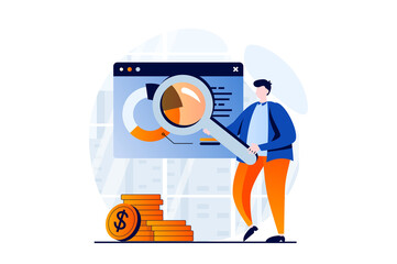 Data science concept with people scene in flat cartoon design. Man with magnifier works with databases, uses charts and graphs for financial report and audit. Vector illustration visual story for web
