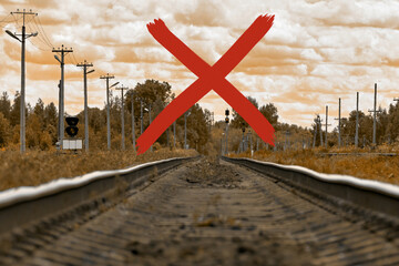 Curved worn rails. Old rail track , close - up . Ban on leaving the country.