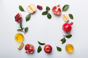 Rosh hashanah concept. Frame made of symbols jewish New Year holiday Traditional. Top view with copy space