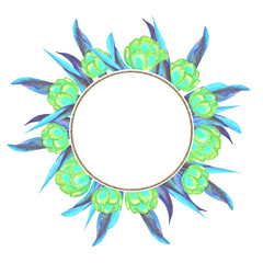 Watercolor tulips round frame with glitter. Hand drawn illustration