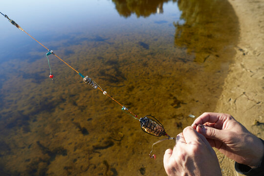 Close up view of males hand prepare  tackle for feeder fishing on the river.