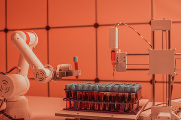 modern genetic laboratory PCR processor and robot with test tube in hand