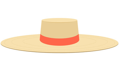 Straw hat with an orange ribbon. Vector cartoon illustration