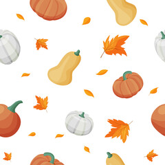 Hello, Autumn. A pattern of ripe pumpkins and leaves on a white background. Autumn postcards, backgrounds, textiles on packaging and notebooks. Concept autumn advertising.