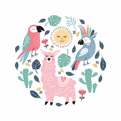 Round emblem with colorful parrots, alpacas and cacti. Cute baby style.