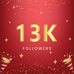 Naklejka premium Thank you 13k or 13 thousand followers with gold bokeh and star isolated on red background. Premium design for social media story, social sites posts, greeting card, social networks, poster, banner.