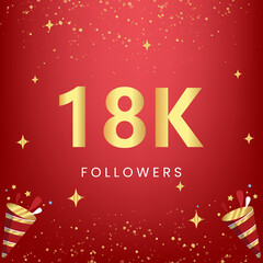 Thank you 18k or 18 thousand followers with gold bokeh and star isolated on red background. Premium design for social media story, social sites posts, greeting card, social networks, poster, banner.