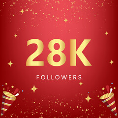 Fototapeta na wymiar Thank you 28k or 28 thousand followers with gold bokeh and star isolated on red background. Premium design for social media story, social sites posts, greeting card, social networks, poster, banner.
