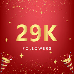 Obraz na płótnie Canvas Thank you 29k or 29 thousand followers with gold bokeh and star isolated on red background. Premium design for social media story, social sites posts, greeting card, social networks, poster, banner.