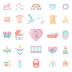 Set of cute baby elements for girl. Baby shower collection.