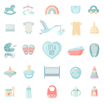 Set of cute baby elements for boy. Baby shower collection.
